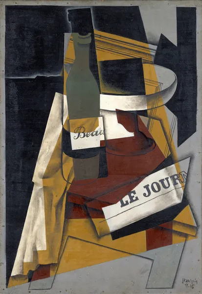 Bottle and Fruit Dish (Bottle, newspaper and fruit bowl) av Juan Gris