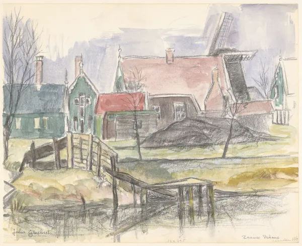 Huizen aan de Zaanse-Schans, rechts op de achtergrond een molen av Julia Giesberts