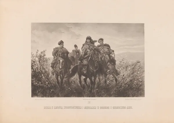 Helena with Zagłoba, Wołodyjowski and Rzędzian escaping Czortowy Jar av Juliusz Kossak