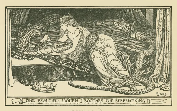 The beautiful woman soothes the serpent king. av Henry Justice Ford