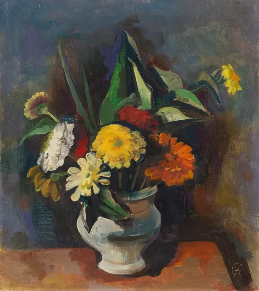 Bouquet of flowers in a gray vase (zinnia) av Karl Hofer