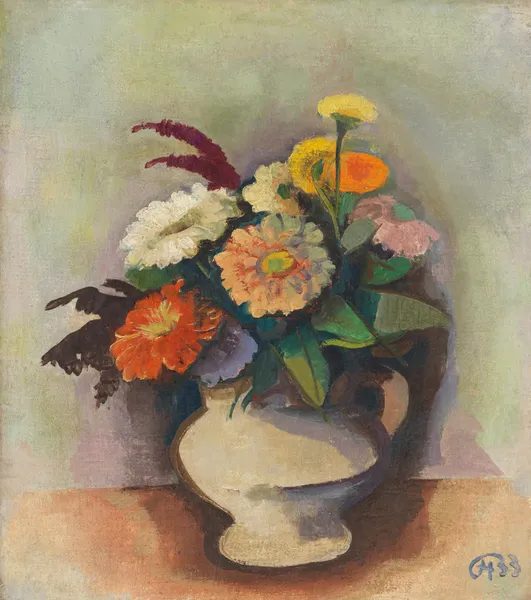 Bouquet of zinnias in a vase av Karl Hofer