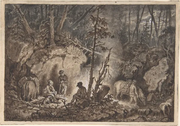 Hunters resting in a forest at night av Kilian Zoll