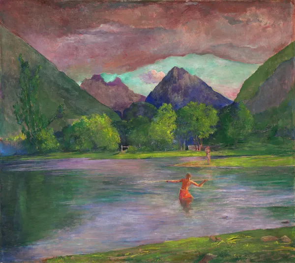 The Entrance to the Tautira River,Tahiti. Fisherman Spearing a Fish av John La Farge