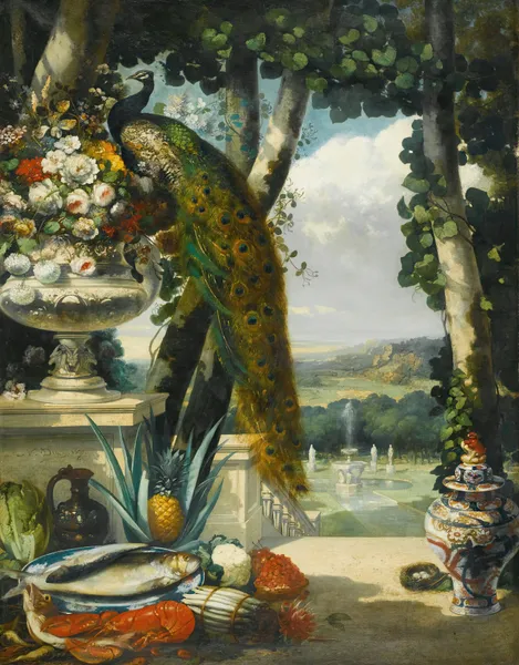 Still life with peacock, flowers, fruit and japanese vase, an extensive park landscape beyond av Narcisse-Virgile Diaz de La Peña