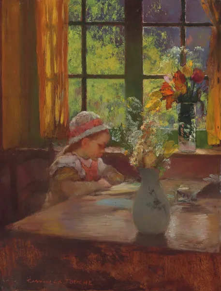 A young girl with bonnet reading by a window av Gaston La Touche