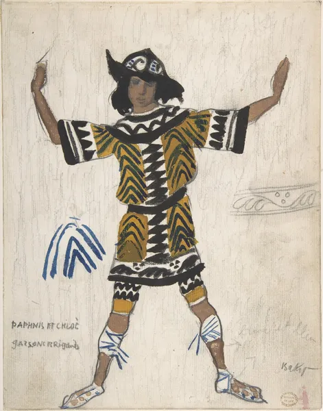 Costume design for a Brigand Boy in the Ballet ‘Daphnis and Chloé’, performed at the Théâtre du Châtelet in Paris av Léon Bakst