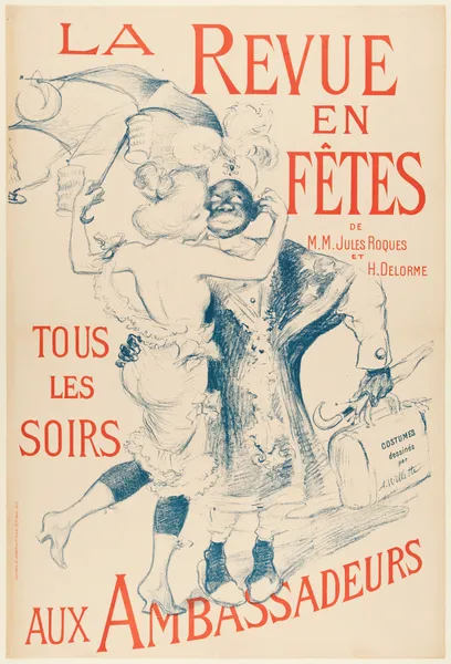 LA REVUE EN FÊTES DE M.M. JULES ROQUES ET H.DELORME TOUSLES SOIRS AUX AMBASSADEURS av Adolphe Léon Willette