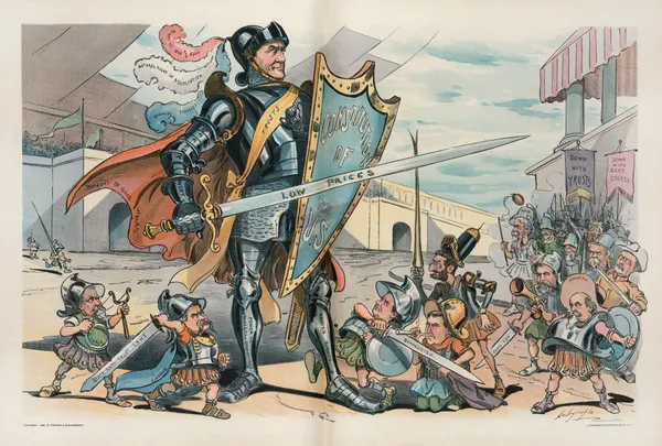 An unequal contest; they can find no flaw in his armor av Louis Dalrymple