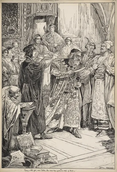 Merchant of Venice. Tarry a little, Jew, said Portia, this bond here gives you no drop of blood av Louis Rhead