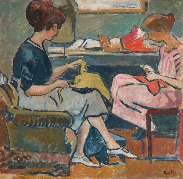 Deux jeunes femmes cousant av Louis Valtat