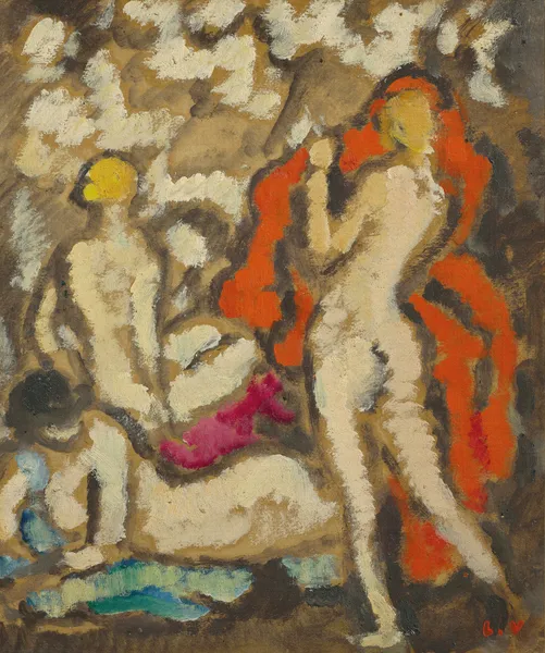 Trois jeunes femmes nues à la draperie rouge av Louis Valtat