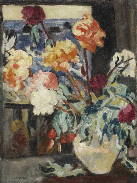 Vase de pivoines devant une fenêtre av Louis Valtat