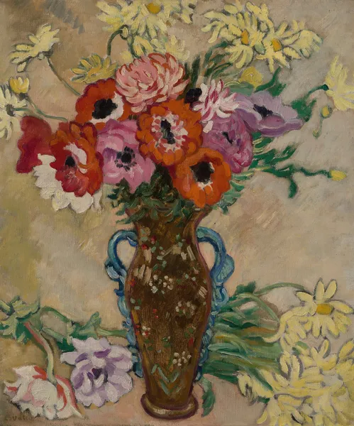 Vase décoré aux anémones et marguerites jaunes de savane av Louis Valtat