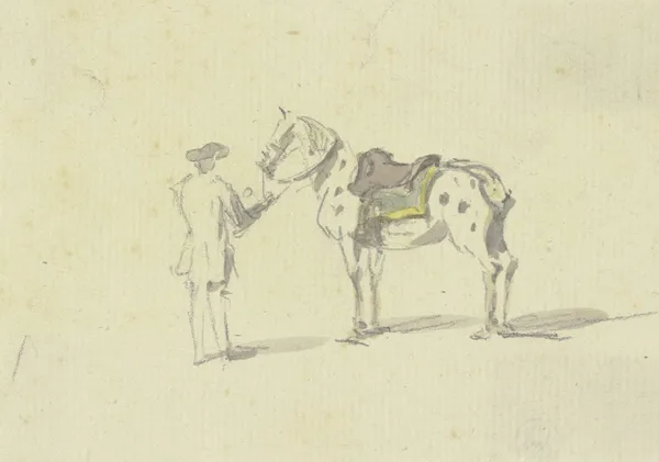 Ein Mann in Rückenansicht hält ein geflecktes Pferd am Zügel av Johann Ludwig Aberli