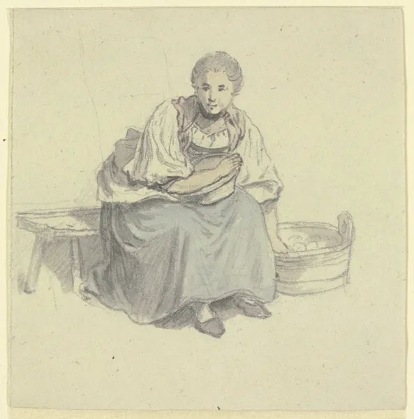Sitzende Frau mit Holzbütte av Johann Ludwig Aberli