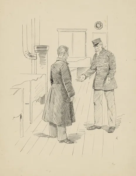 Man in overjas en een militair in een interieur av Hendrik Maarten Krabbé