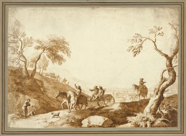 Landscape with Travellers, Two Riding in a Carriage Driven by a Postilion and a Third on Horseback behind av Marco Ricci