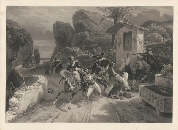 Combat entre les dragons du pape et les brigands (after Horace Vernet) av Jean-Pierre-Marie Jazet