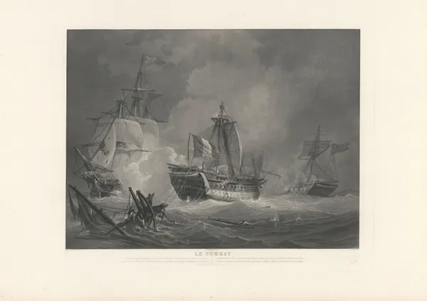 Le Combat – Le Vaisseau LES DROITS DE L’HOMME, de 74 canons, commandé par le Capitaine LA CROSSE soutient le 13 Janvier 1797 (after Morel-Fatio) av Jean-Pierre-Marie Jazet