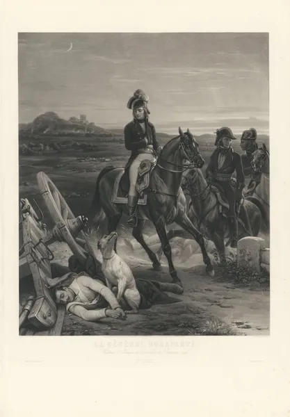 Le Général Bonaparte – Visitant le Champ de Bataille de Bassano. 1796 (after Horace Vernet) av Jean-Pierre-Marie Jazet