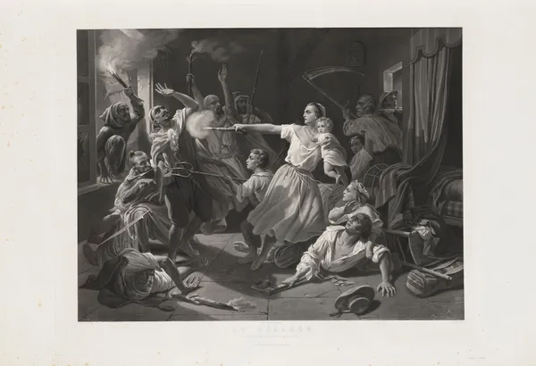 Le Pillage – Attaque d’une ferme française à Dra-El-Mizan (Algérie) (after Jules Alfred Vincent Rigo) av Jean-Pierre-Marie Jazet