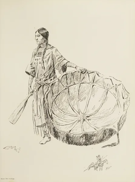 Squaw with Bullboat av Charles Marion Russell