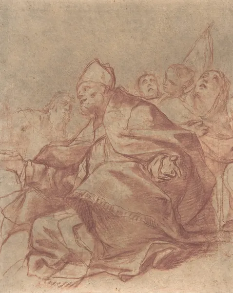 Seated Bishop with Arms Extended and Three Attendant Figures av Mattia Preti
