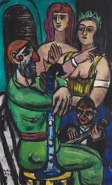 Großer Clown mit Frauen und kleiner Clown av Max Beckmann
