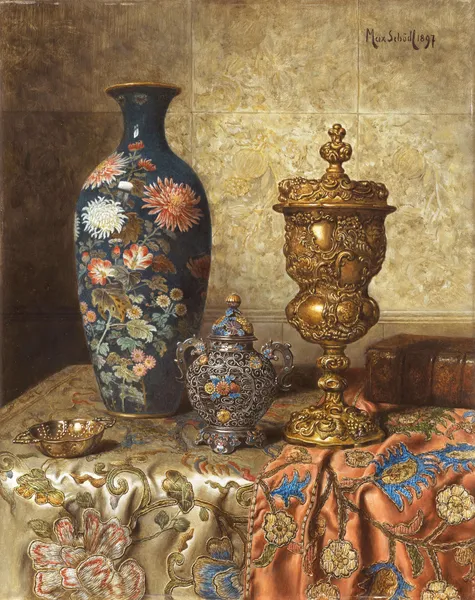 Still Life with Cloisonné Vase, Covered Goblet, Lidded Vase and Tastevin av Max Schödl