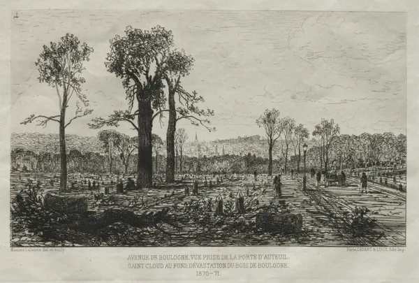 Avenue de Boulogne, Vue Prise de la porte d’Auteuil, St. Cloud au fond, Dévastation du Bois de Boulogne av Maxime Lalanne