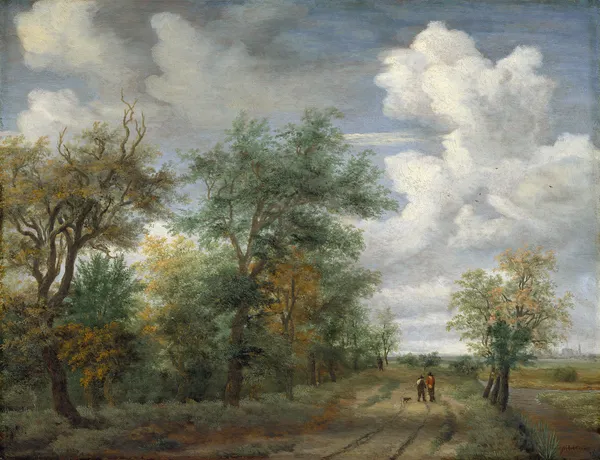 A Wooded Landscape with Figures av Meindert Hobbema