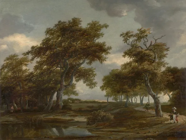 Bewaldete Flusslandschaft mit Figuren auf einem Weg av Meindert Hobbema