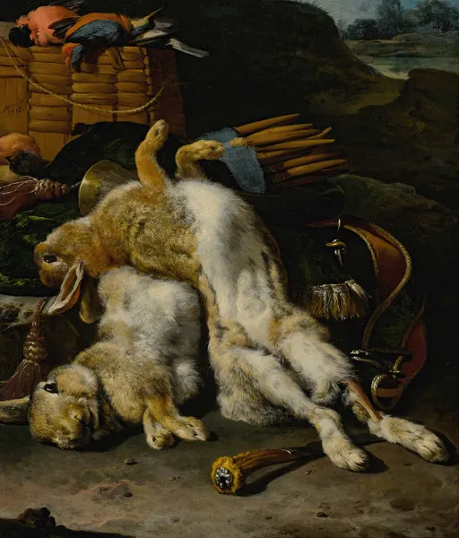 A Brace Of Rabbits And Small Birds With Hunting Equipment In A Landscape av Melchior d'Hondecoeter