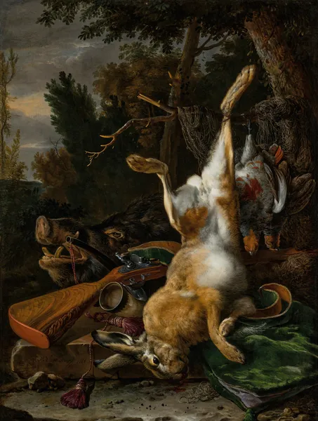 A game still life with a hung hare, a boar’s head and a musket in a landscape av Melchior d'Hondecoeter