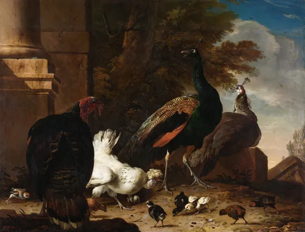 A Hen with Peacocks and a Turkey av Melchior d'Hondecoeter