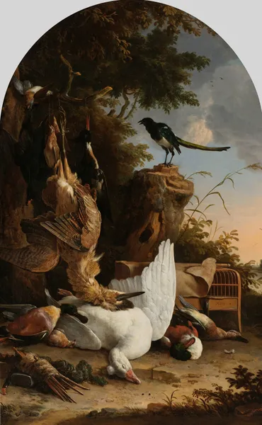 A Hunter’s Bag near a Tree Stump with a Magpie, Known as ‘The Contemplative Magpie’ av Melchior d'Hondecoeter