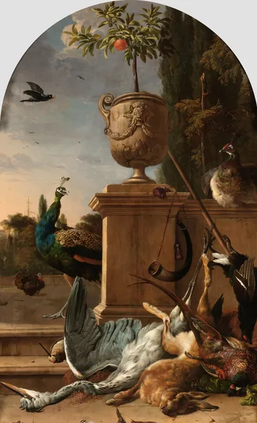 A Hunter’s Bag on a Terrace av Melchior d'Hondecoeter