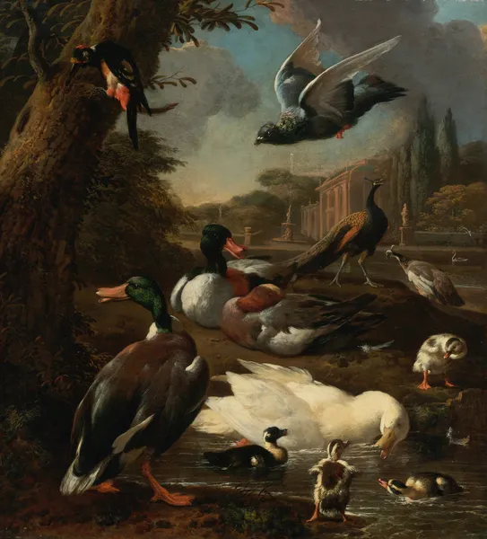 A peacock, pigeon, ducks and other birds in a garden setting av Melchior d'Hondecoeter