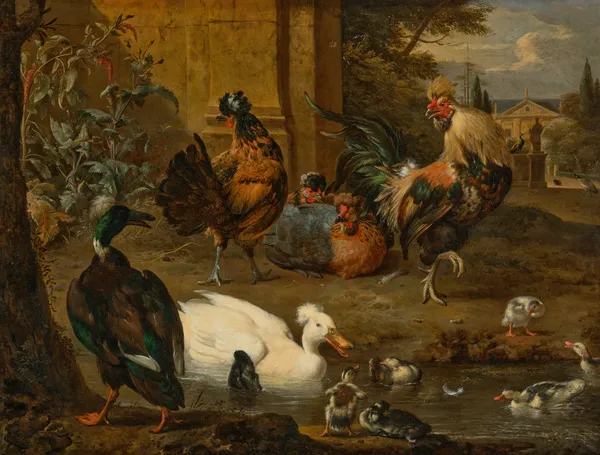 A rooster, hens, ducks and ducklings in a landscape, a house and gardens with peacocks beyond (17th century) av Melchior d'Hondecoeter