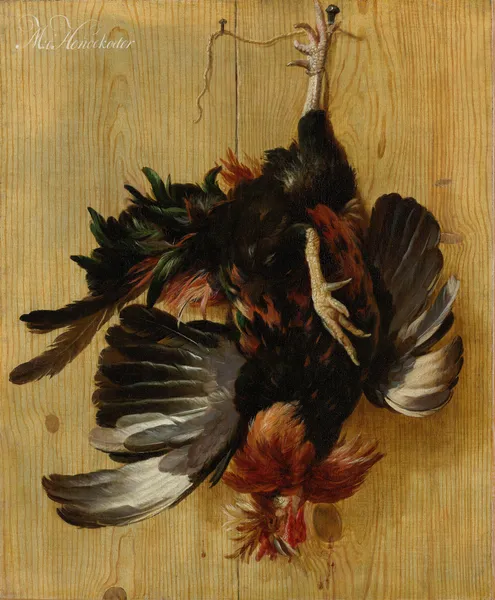 Dead Cock Hanging from a Nail av Melchior d'Hondecoeter