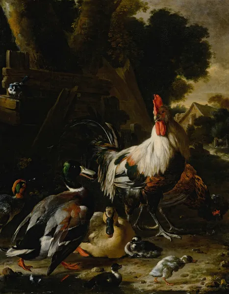 Ducks, hens and other fowl in a yard av Melchior d'Hondecoeter