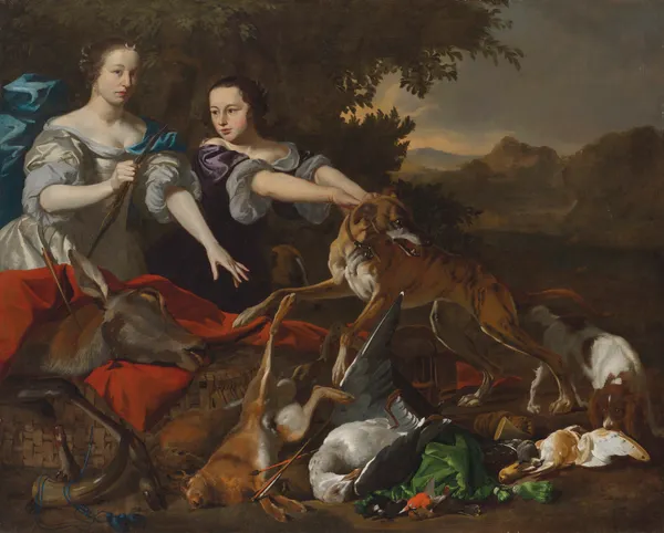 Portrait of a lady in as the goddess Diana and her attendant, with the spoils of the chase av Melchior d'Hondecoeter