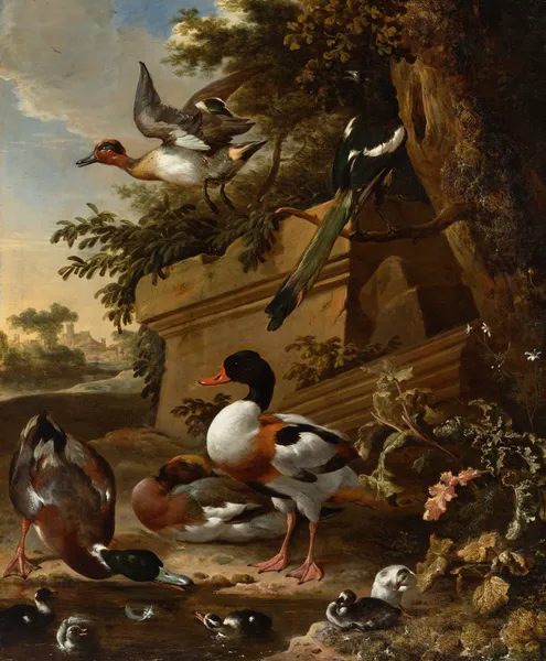 Sheldrake ducks and ducklings with a magpie in a garden, a village beyond av Melchior d'Hondecoeter