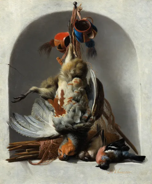 Still Life with Birds and Hunting Gear in a Niche av Melchior d'Hondecoeter