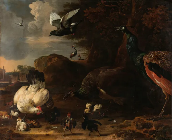 Two Peacocks Threatening a Hen with Chicks, Known as ‘The Threatened Hen’ av Melchior d'Hondecoeter