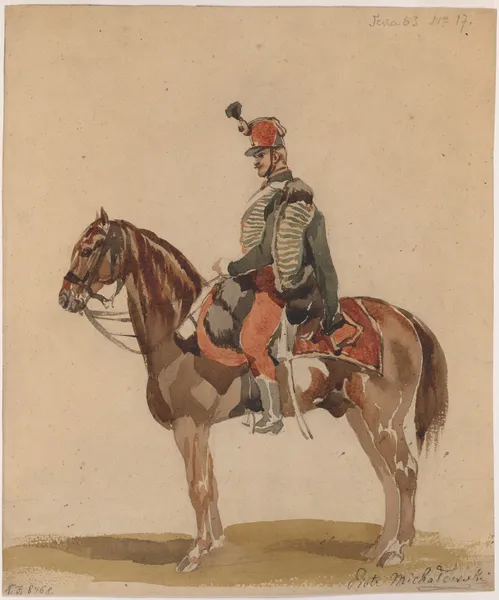 Austrian Hussar on a bay horse av Piotr Michałowski
