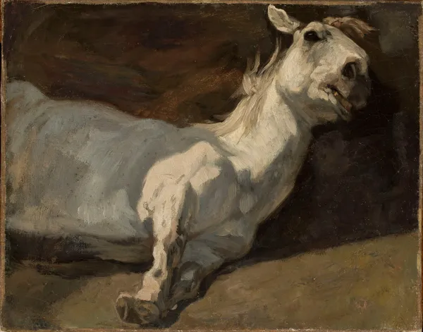 White horse stretched on the ground av Piotr Michałowski