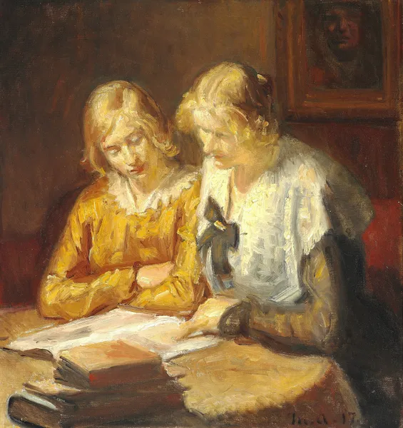 To unge piger sidder ved bordet og læser i en bog av Michael Ancher