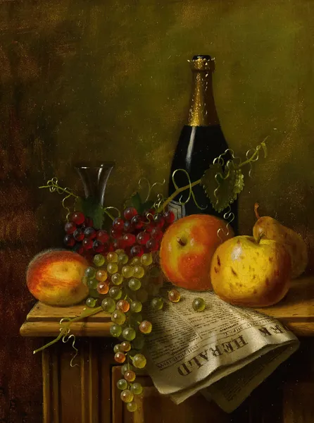 Still Life with Fruit, Champagne Bottle and Newspaper av William Michael Harnett